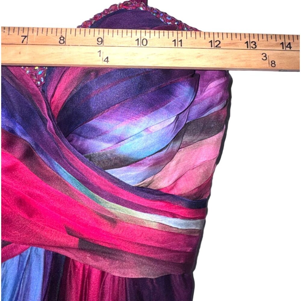 La Femme Multicolor Empire Waist Chiffon Maxi Dress With Beaded Bodice - Picture 9 of 12